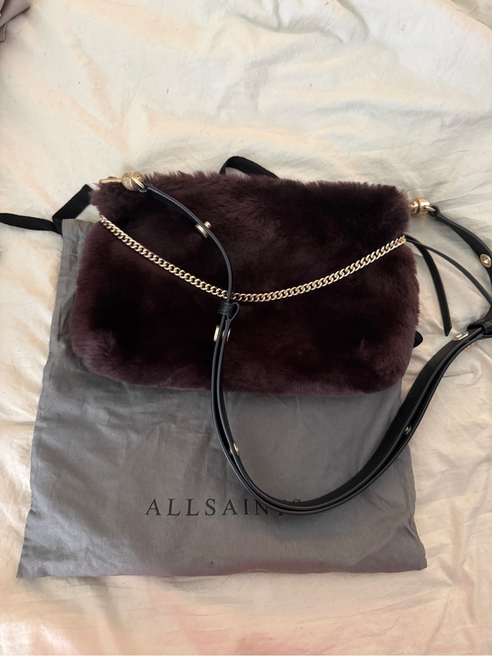 All Saints Plush Brown Crossbody with Gold Chain and Black Strap